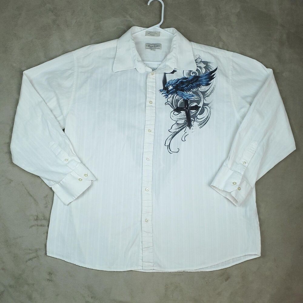Eighty Eight Vintage White Y2K Cyber Goth Button Up Shirt Cross Wings 2XL